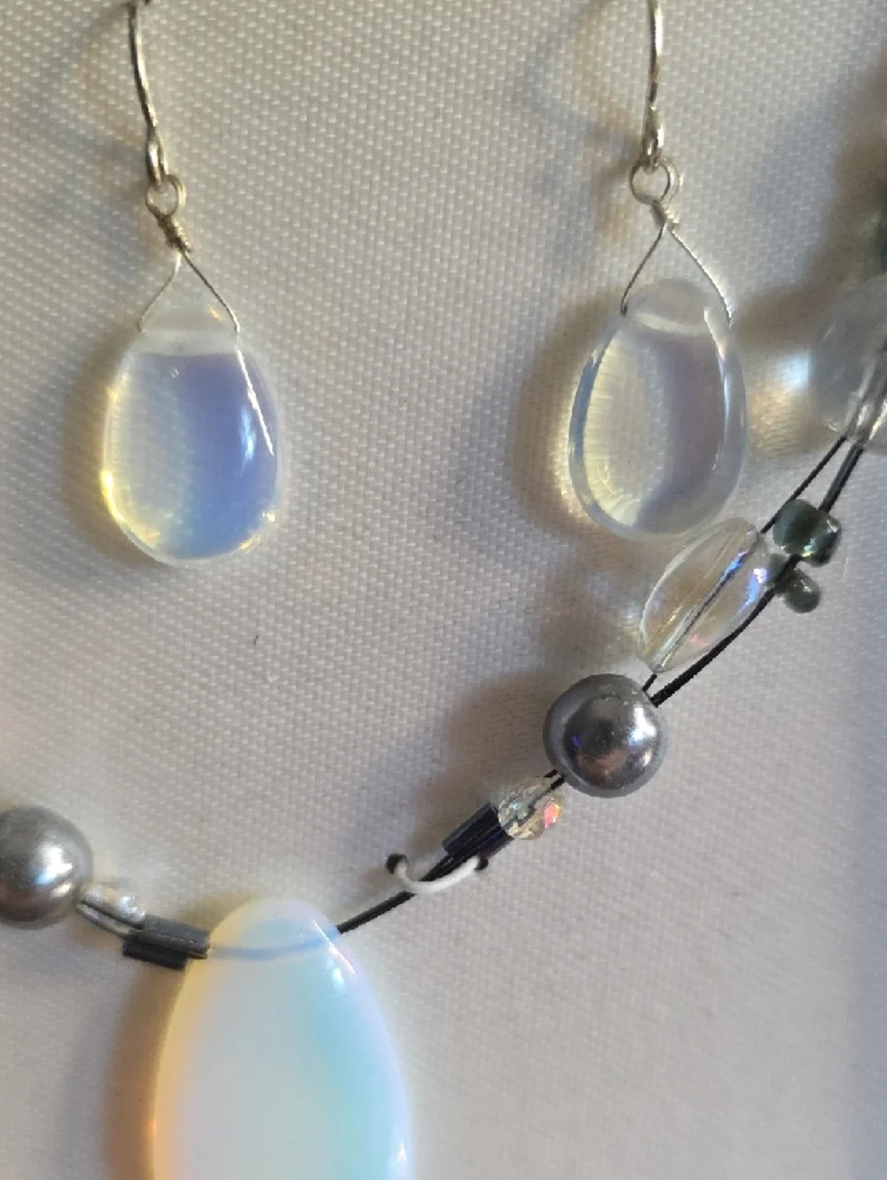 Opalite Teardrop Necklace and Earring Set - White Opalescent - Picture 2 of 6
